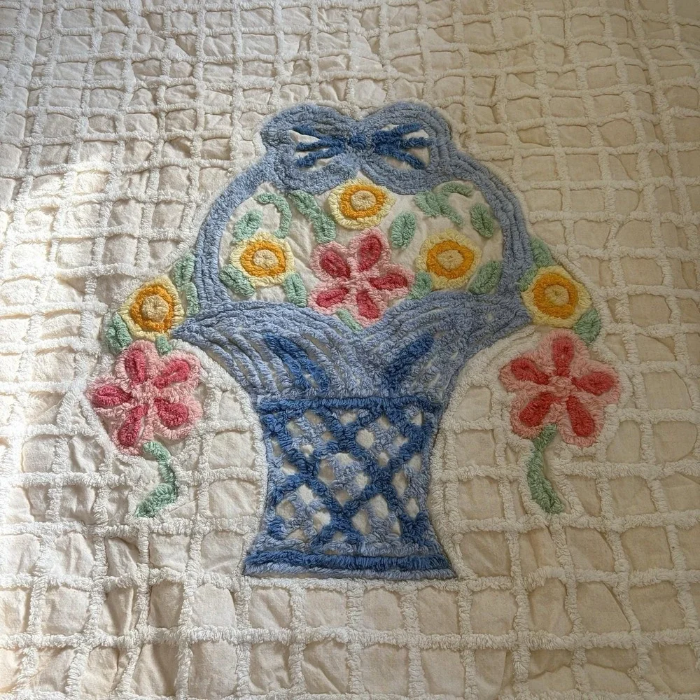 Vintage Chenille Flower Basket Small Throw Blanket 50x40